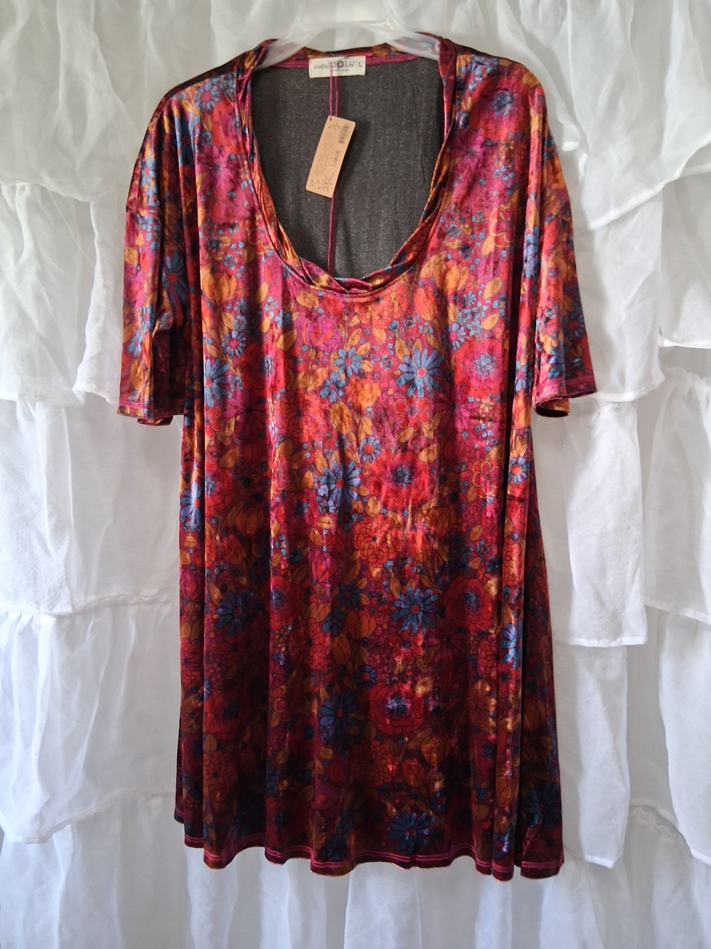 NATURAL LIFE Velvet Red and Blue Floral Scoop Neck Tunic